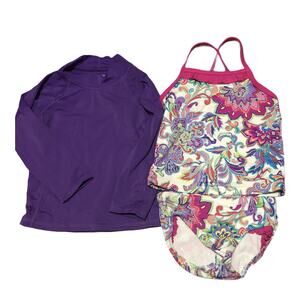 Lands End Purple Long Sleeve Rash guard Pink Paisley Tankini size 2